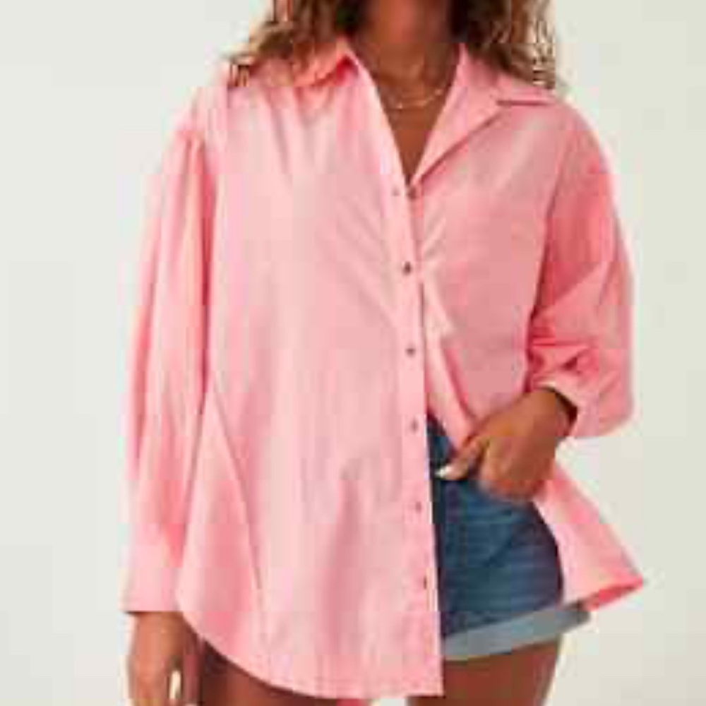 Free People Pink Button-Up Oversized Tunic